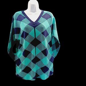 Lands End Womens Med Argyle V-Neck Preppy Tunic Relaxed Cozy Navy Blue/Teal Top